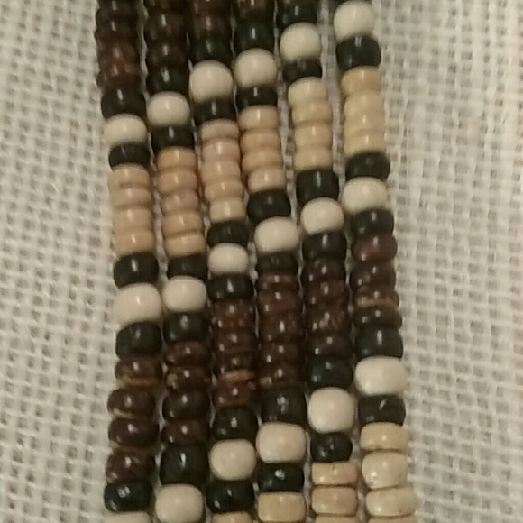 Bohemian Wood Beaded Statement Long Chunky Necklace In Brown Black And Cream OS - Picture 4 of 4